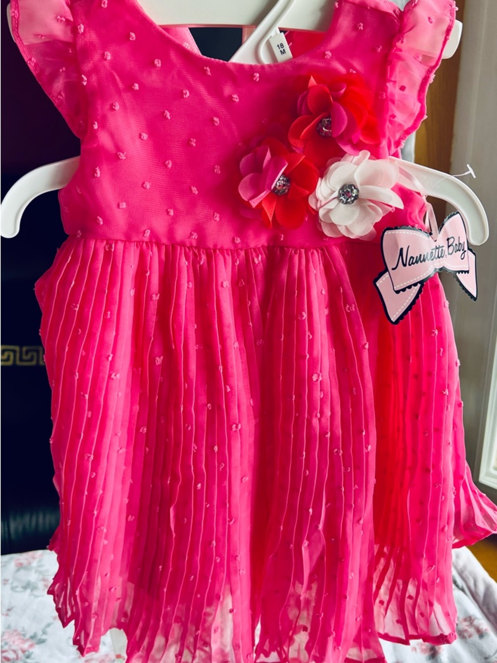 Nanette Baby Hot Pink Floral Appliqué Pleated Dress